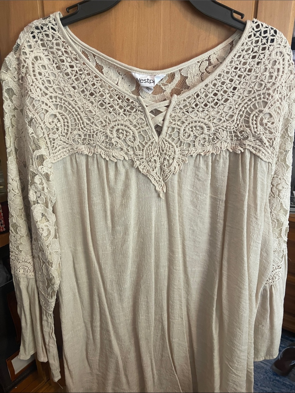 Westport Beige Crochet Lace Boho Peasant Top